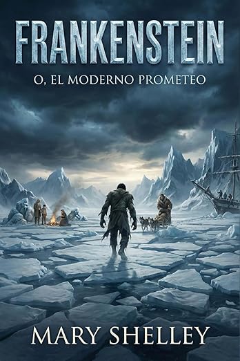 Portada del libro Frankenstein de Mary Shelley con un paisaje helado