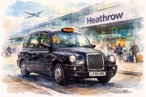 Taxi negro en el aeropuerto de Heathrow con pasajeros y equipaje