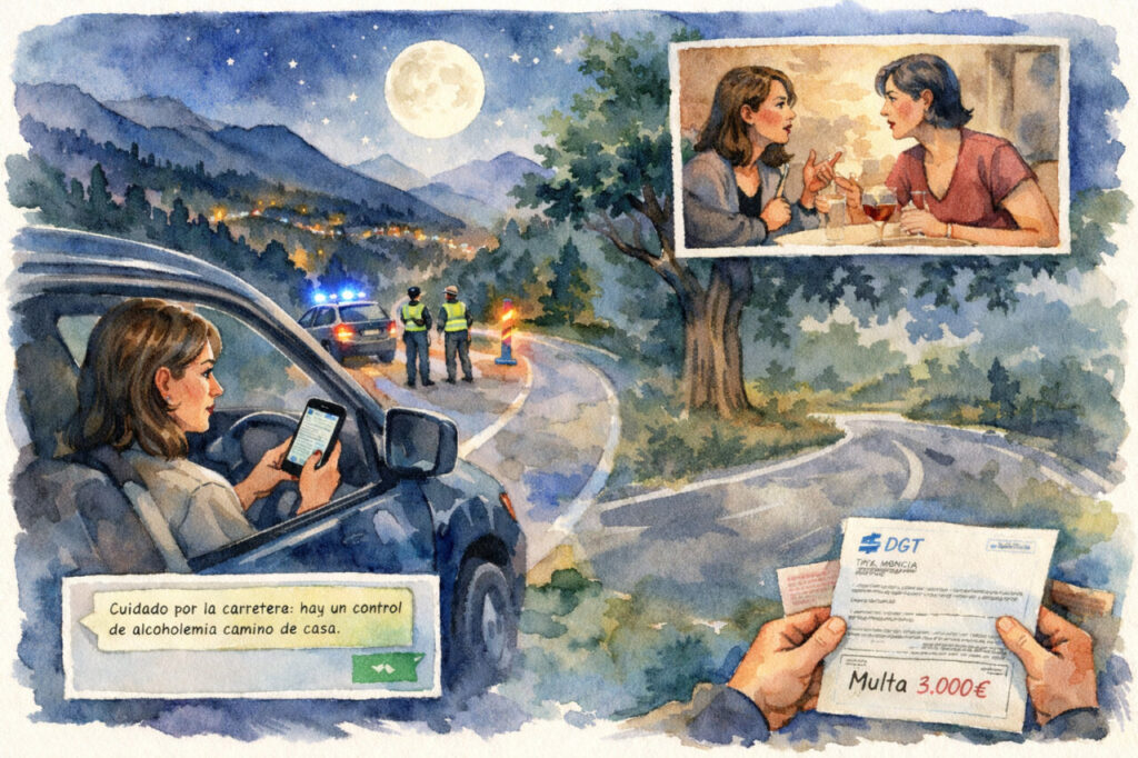 Ilustración de una mujer recibiendo una multa tras un control de alcoholemia.