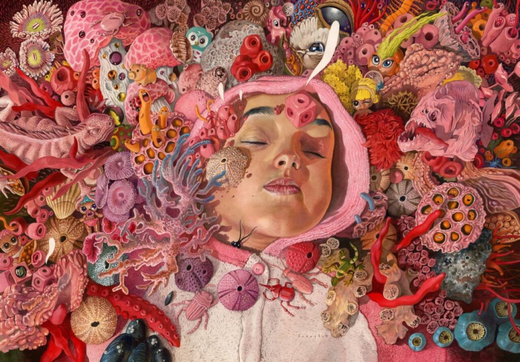 Pintura de Carlos Tárdez con elementos marinos y una figura infantil