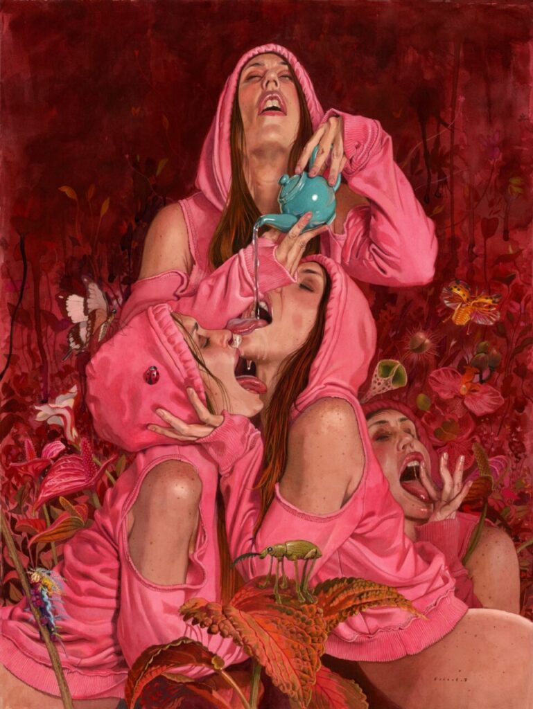 Pintura contemporánea de Carlos Tárdez con figuras en un fondo colorido.