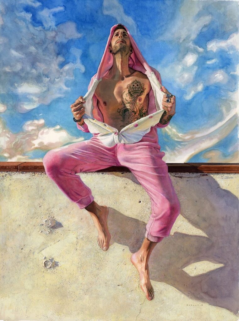 Pintura de un hombre con sudadera rosa y tatuajes en un fondo azul