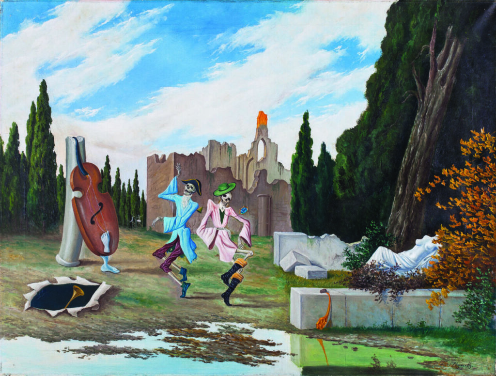 Pintura surrealista con esqueletos bailando en un paisaje ruinoso