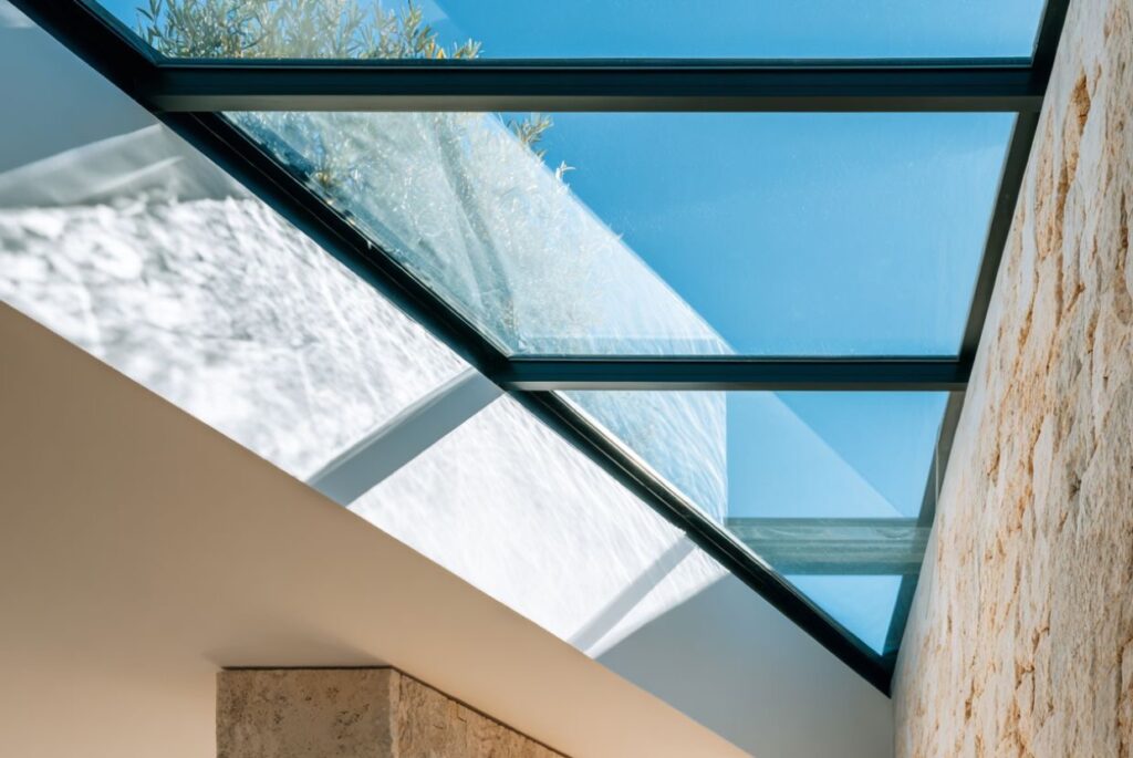 Techo de vidrio que muestra el cielo azul y vegetación.