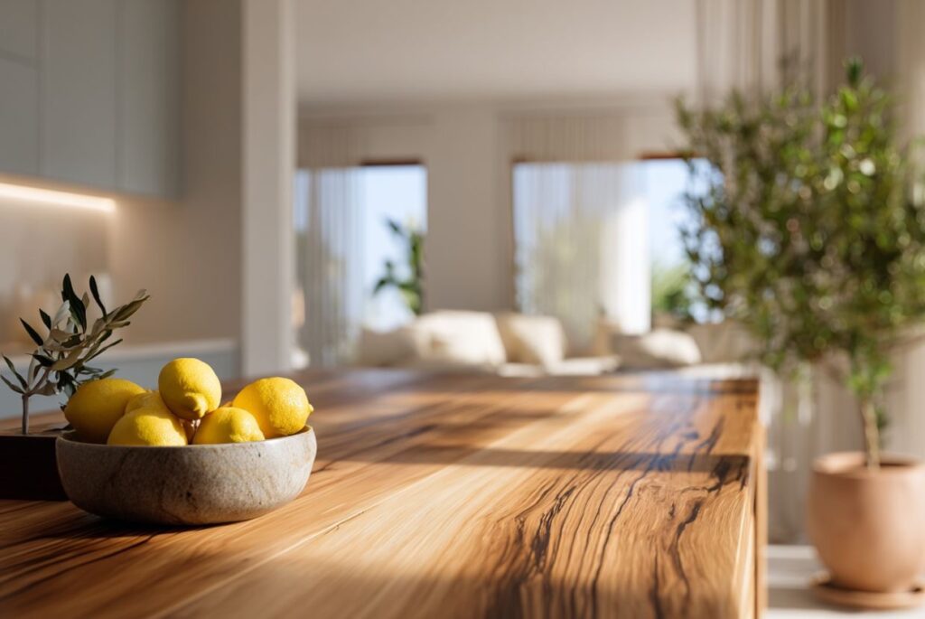 Mesa de madera con limones y plantas en un ambiente luminoso
