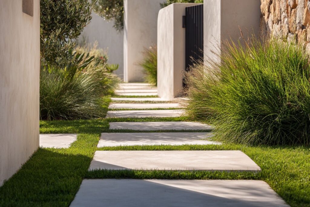Camino de piedra rodeado de césped y plantas en un jardín moderno