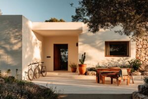 Fachada moderna de una vivienda en Mallorca con bicicletas y plantas