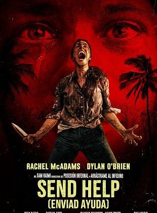 Cartel de la película Send Help con personajes en una isla desierta.