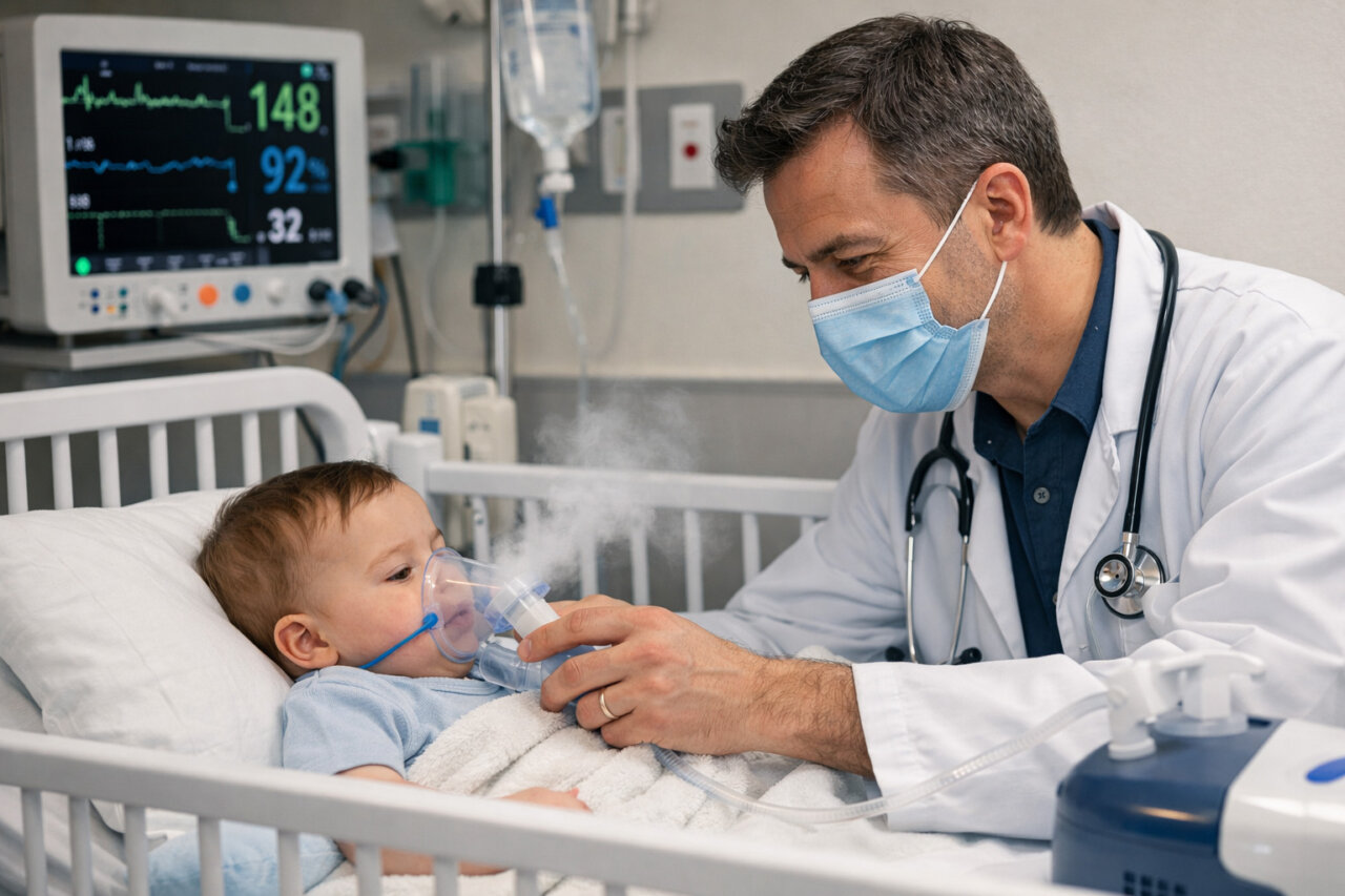 Médico administrando tratamiento a un bebé con bronquiolitis en hospital