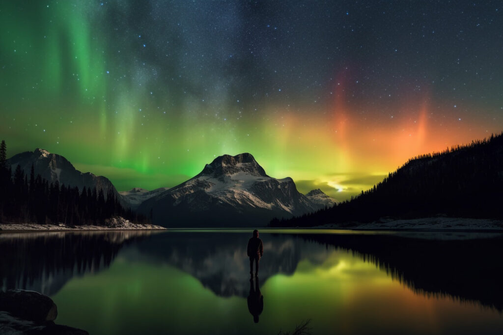 Auroras boreales iluminando el cielo sobre montañas y un lago