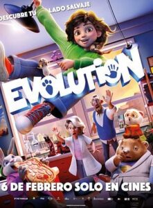 Cartel de la película Evolution con personajes animados y un fondo colorido.