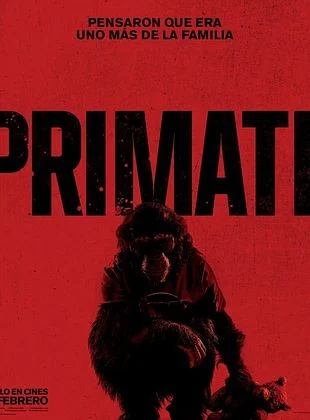 Cartel de la película Primate con un chimpancé y fondo rojo