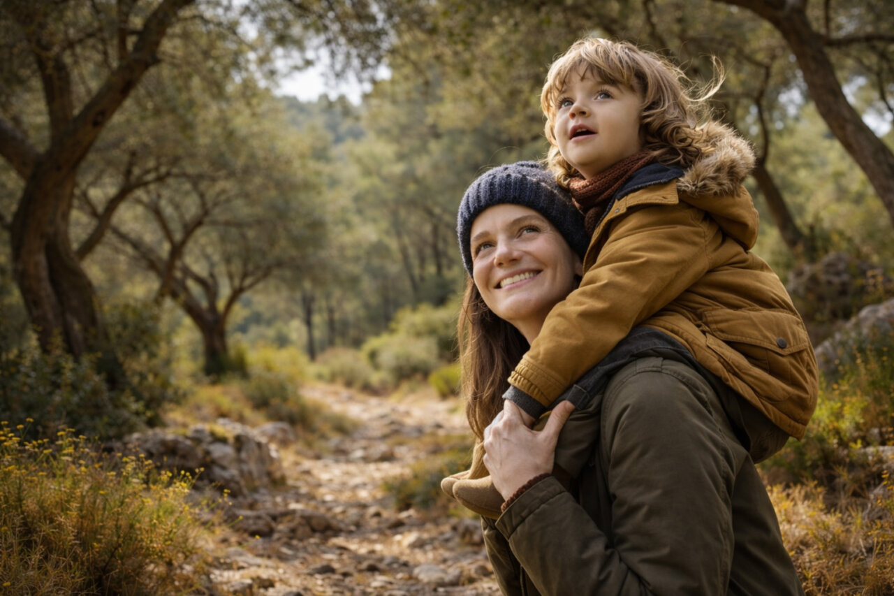 Bienestar digital en familias: cómo poner límites saludables (y recuperar el tiempo libre) 1 Madre sonriendo mientras lleva a su hijo en la espalda en un entorno natural