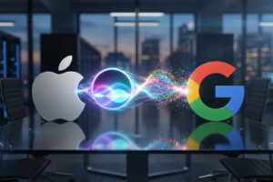 Logos de Apple y Google con representación de inteligencia artificial