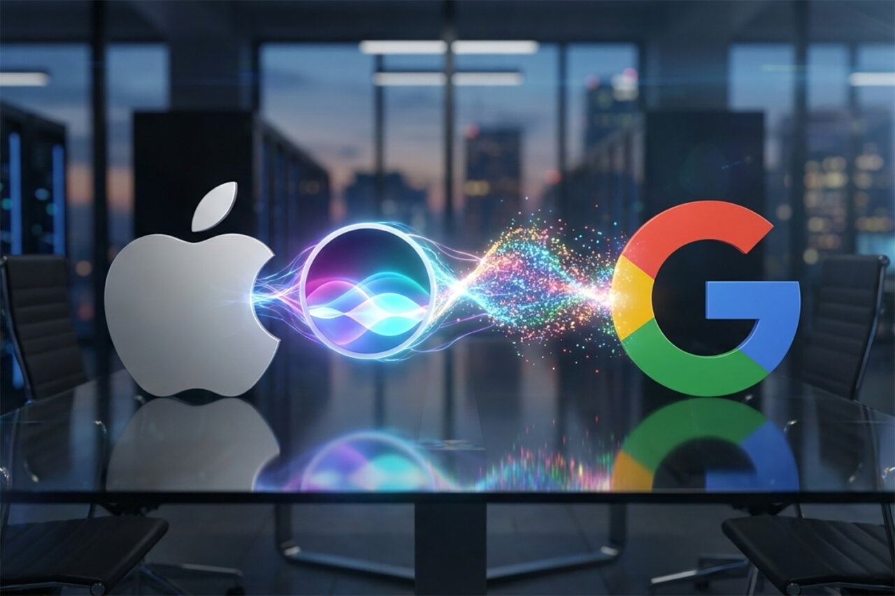 Logos de Apple y Google con representación de inteligencia artificial