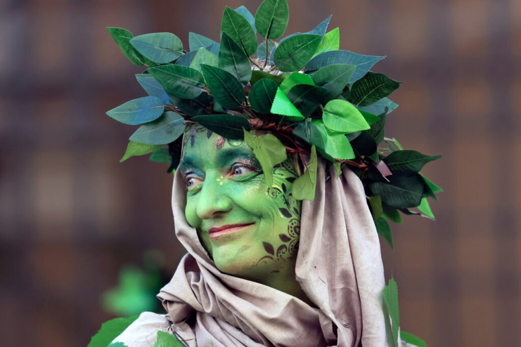 Sa Rua 2026 desborda el centro de Palma con una participación récord de carrozas y comparsas 7 Participante del Carnaval de Palma con disfraz verde y corona de hojas