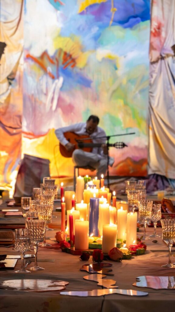 La magia de la creación: cómo Piro transforma la oscuridad en color en sus obras 1 Mesa decorada con velas y flores en un evento artístico de Piro