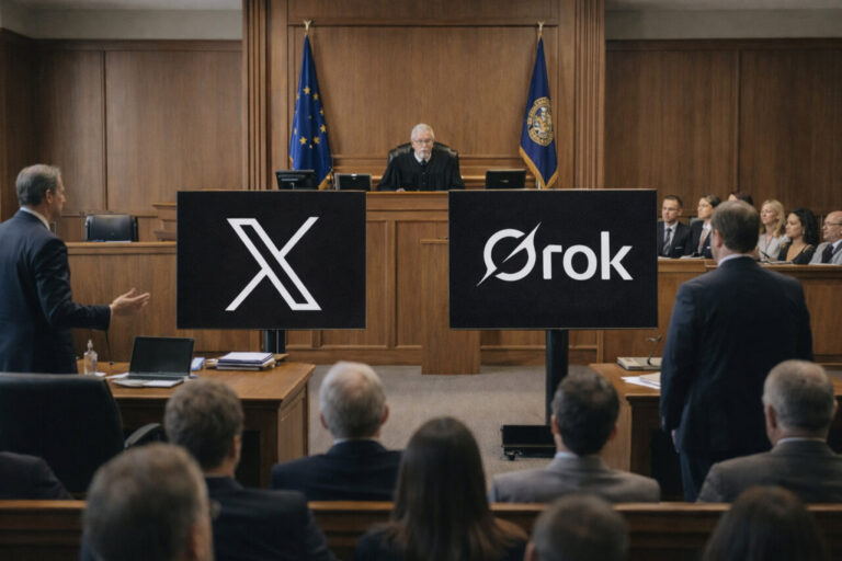 Inicio 56 Sala de un juzgado con logos de X y Grok en exhibición