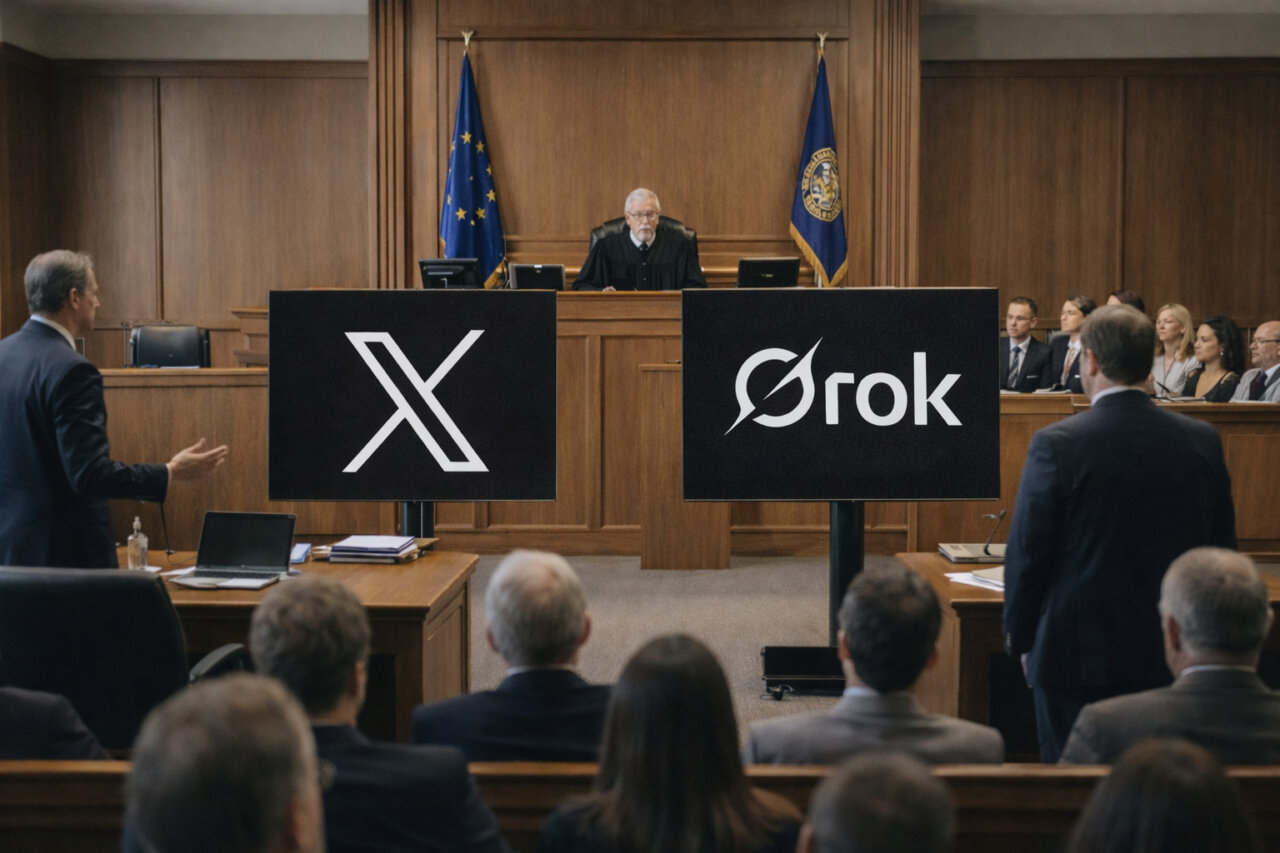 Sala de un juzgado con logos de X y Grok en exhibición