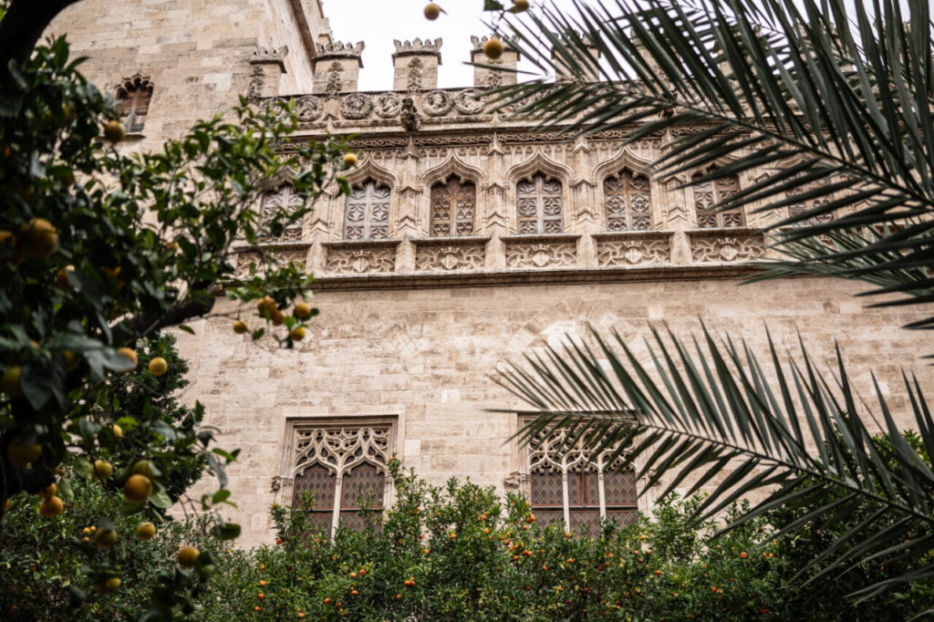 La Lonja de la Seda de Valencia no es “una copia”: es una respuesta (más ambiciosa) a la Lonja de Palma 7 Vista de la Lonja de la Seda de Valencia entre árboles frutales