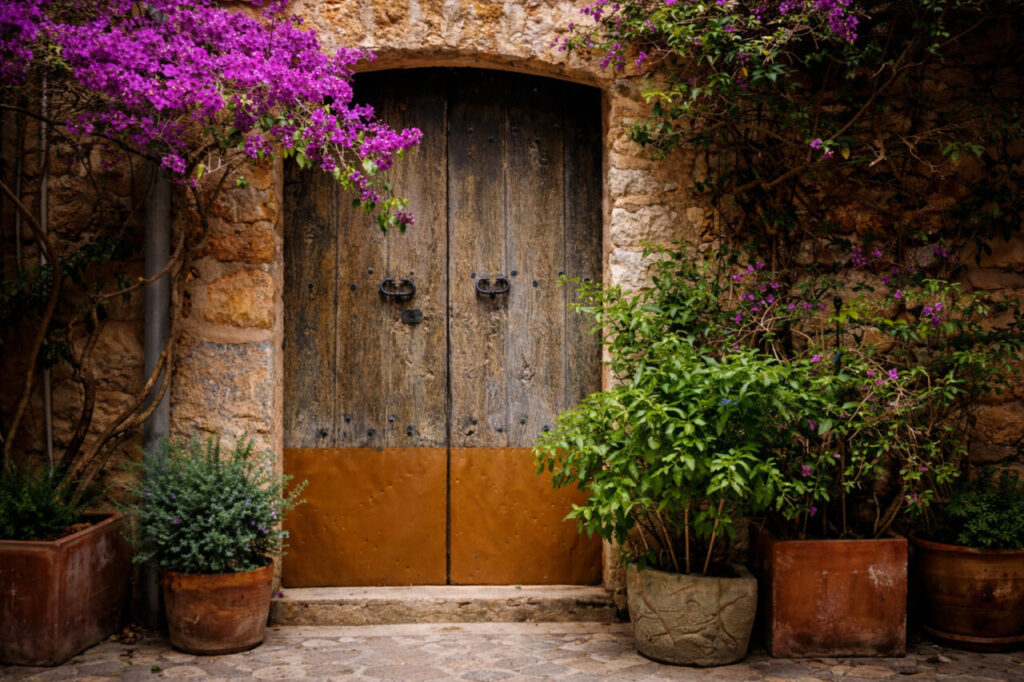 Los pueblos secretos del interior de Mallorca para huir del turismo masivo 3 Puerta de madera con plantas y flores en Mallorca