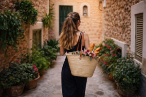 Mujer caminando por un callejón con flores y pan en una cesta