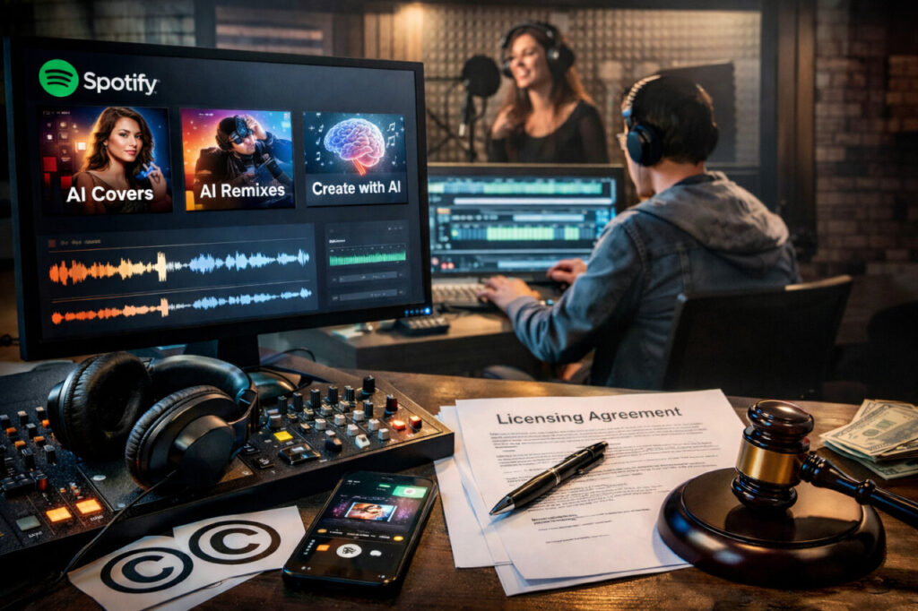 Estudio de grabación con pantalla de Spotify mostrando remixes y covers con IA
