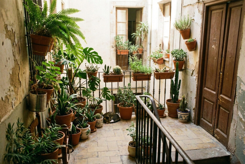 Rellano decorado con macetas y plantas en un edificio antiguo