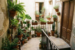 Rellano decorado con macetas y plantas en un edificio antiguo