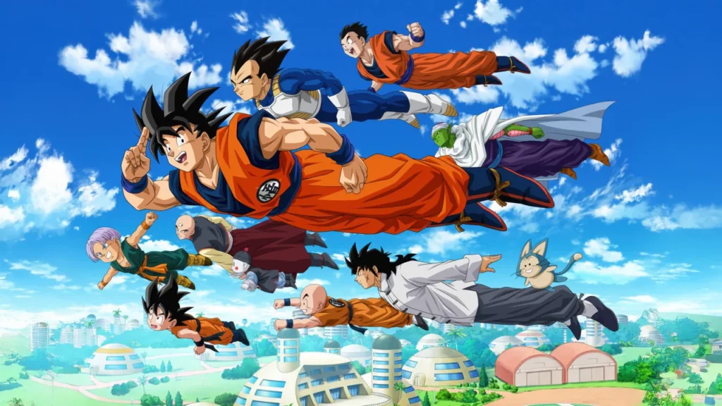 Personajes de Dragon Ball volando en un fondo azul claro