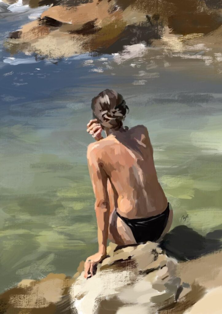 “No sé pintar sin música”: así crea Magda Trobat, la artista que retrata instantes cotidianos de Mallorca 2 Ilustración de una mujer sentada en una roca mirando el mar