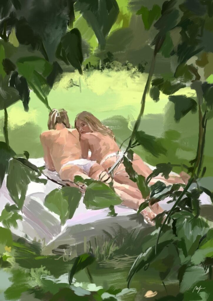 “No sé pintar sin música”: así crea Magda Trobat, la artista que retrata instantes cotidianos de Mallorca 3 Ilustración de dos figuras desnudas en un entorno natural