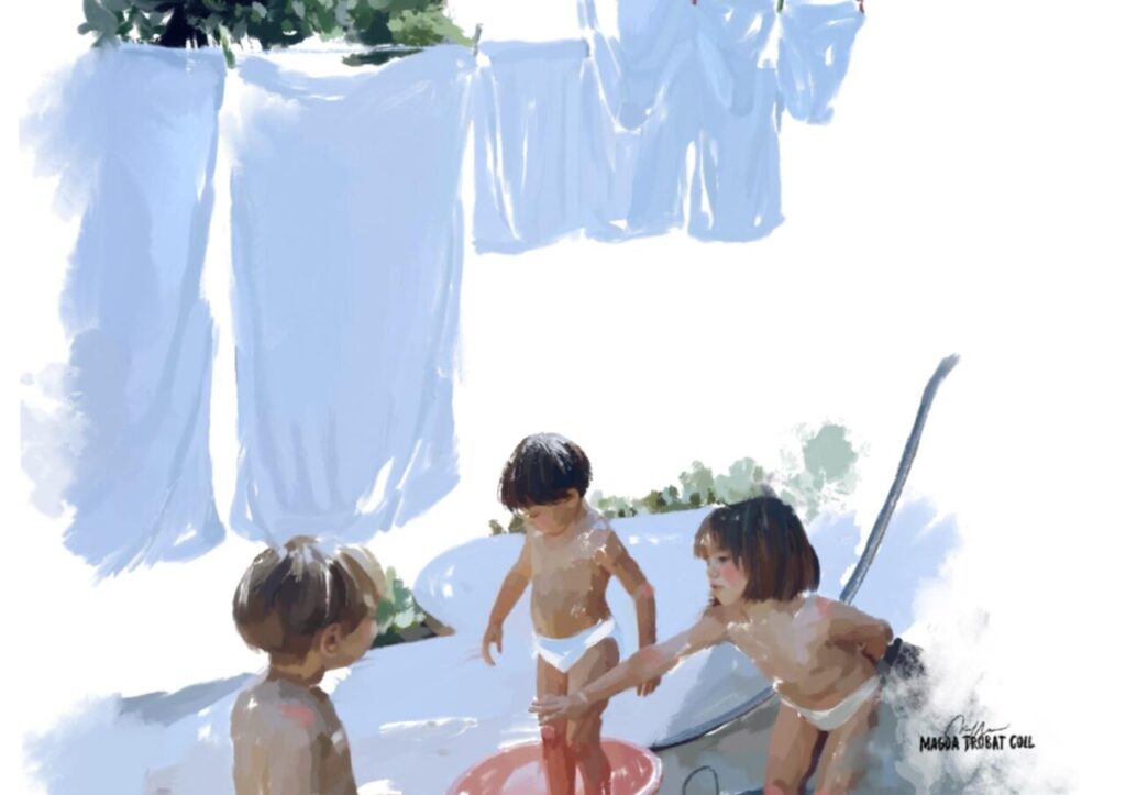 “No sé pintar sin música”: así crea Magda Trobat, la artista que retrata instantes cotidianos de Mallorca 6 Ilustración de niños jugando en un ambiente mediterráneo con ropa tendida