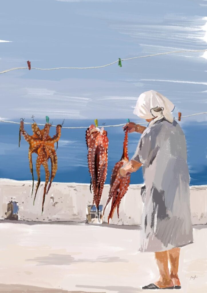 “No sé pintar sin música”: así crea Magda Trobat, la artista que retrata instantes cotidianos de Mallorca 5 Ilustración de una mujer colgando pulpos en una cuerda