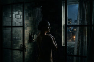 Persona duchándose con luz tenue en un baño oscuro