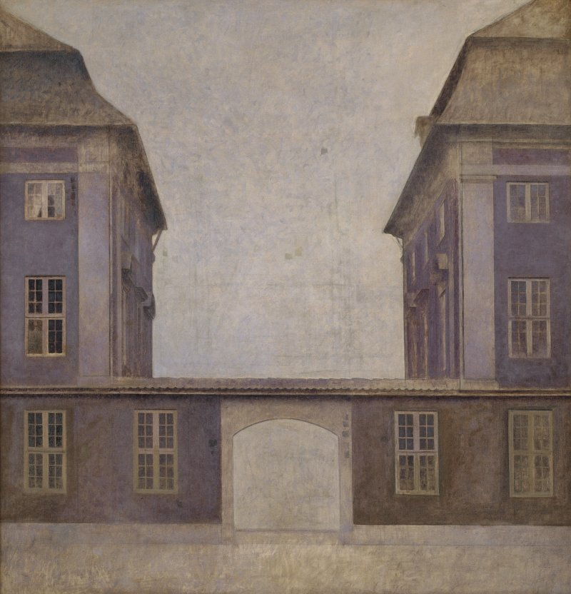Pintura de Hammershoi mostrando una arquitectura minimalista y melancólica.