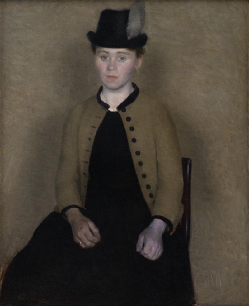 Retrato de una mujer con sombrero en una pintura de Hammershoi