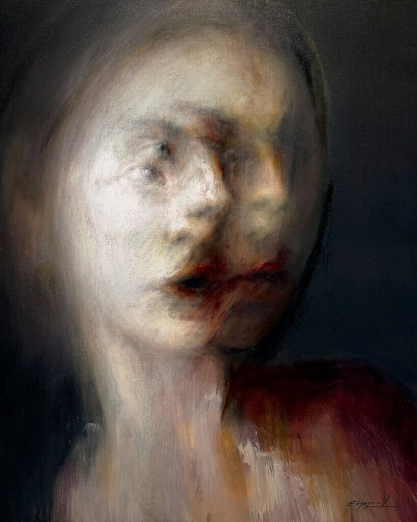 Pintura abstracta que muestra rostros difusos y expresivos