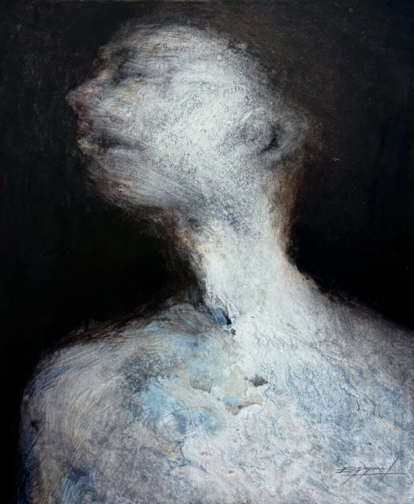 Pintura abstracta que muestra una figura humana en tonos oscuros y claros.