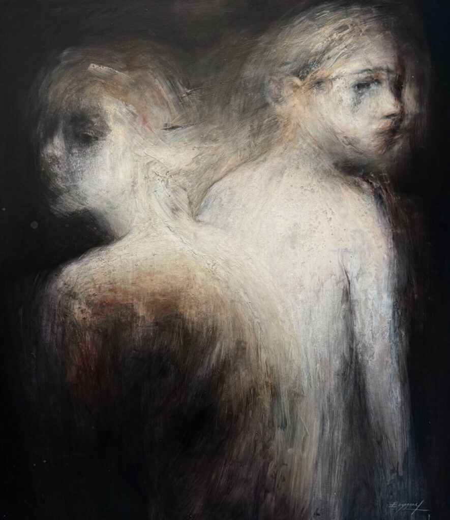 Pintura abstracta de dos figuras humanas en tonos oscuros y claros