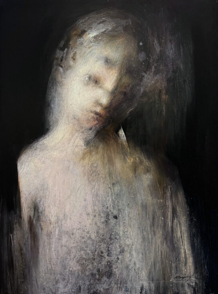 Pintura abstracta con figura humana en tonos oscuros y claros