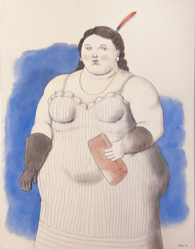 Retrato de una mujer con vestido blanco y guantes, arte contemporáneo.
