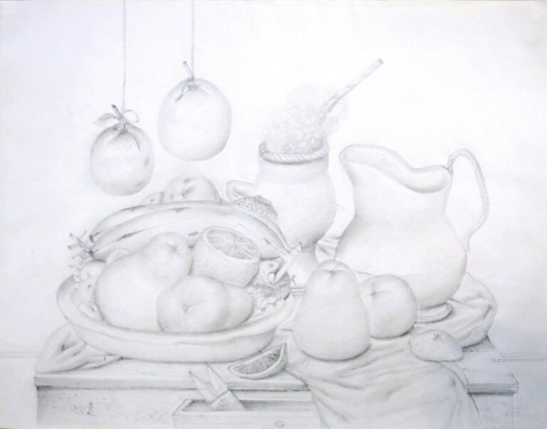 Dibujo en grafito de naturaleza muerta con frutas y jarra