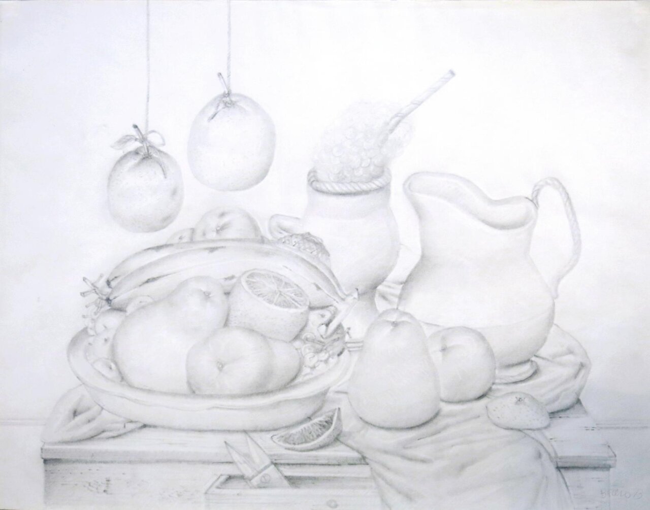 Dibujo en grafito de naturaleza muerta con frutas y jarra