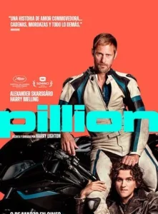 Cartel de la película Pillion con personajes principales y motocicleta