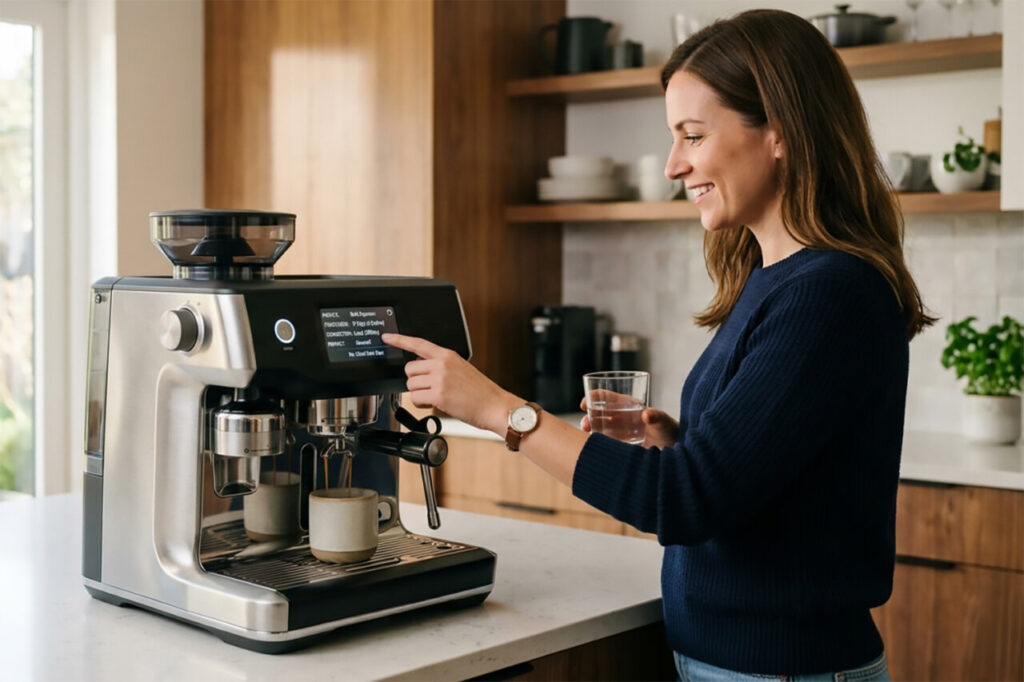 Mujer usando una cafetera inteligente en la cocina