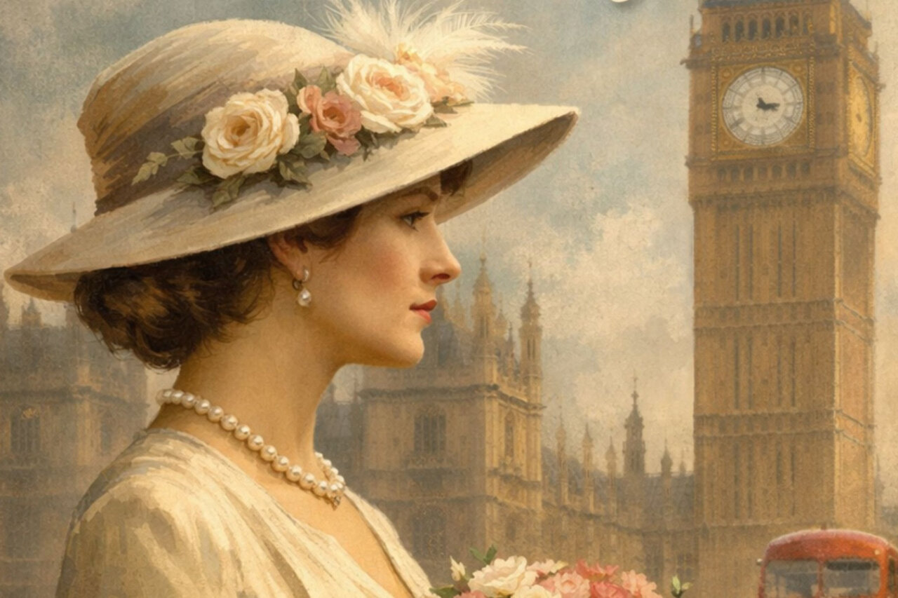 Retrato de una mujer con sombrero y flores en Londres