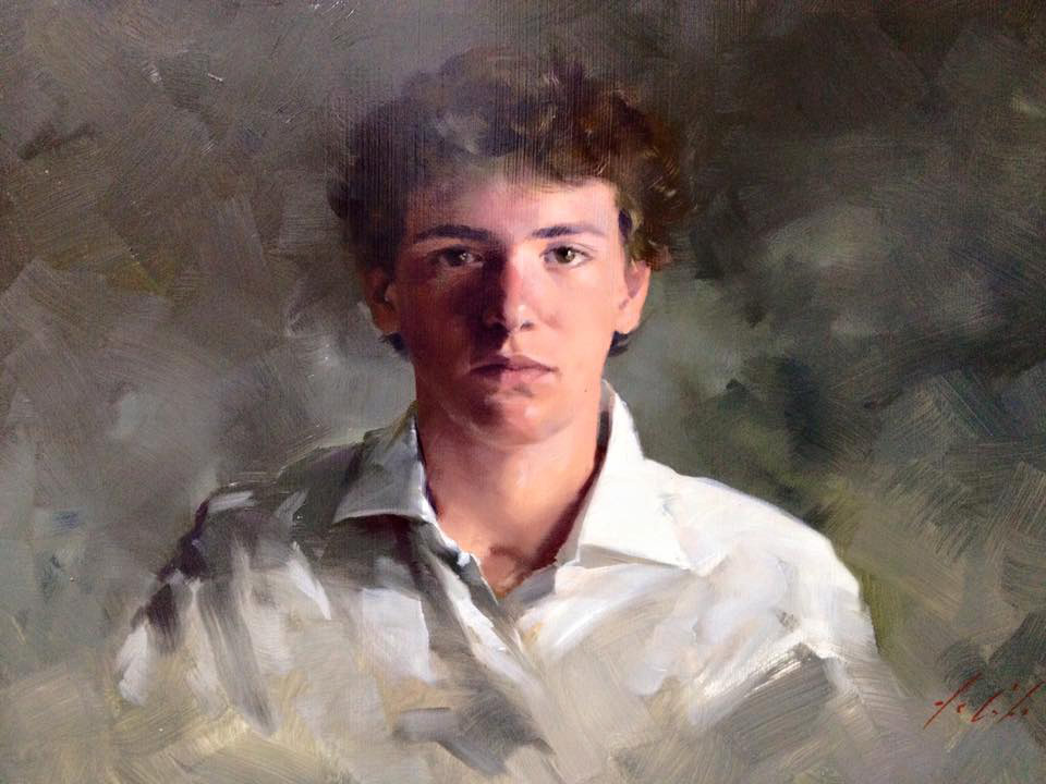 Retrato de un joven con camisa blanca en estilo artístico contemporáneo.