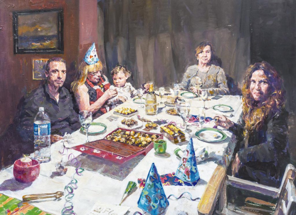 Pintura de una reunión familiar en una mesa decorada