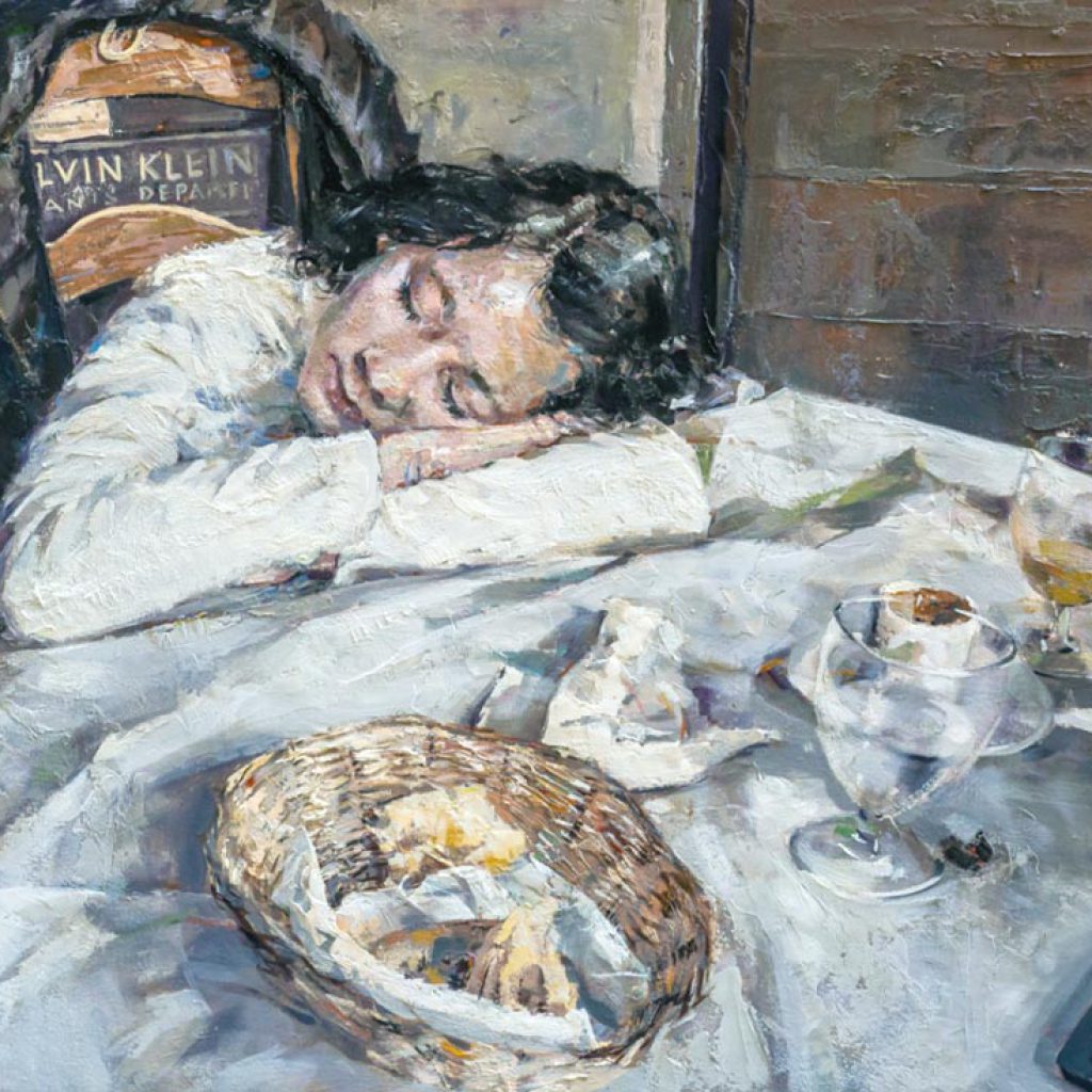 Pintura de una persona durmiendo sobre una mesa con objetos
